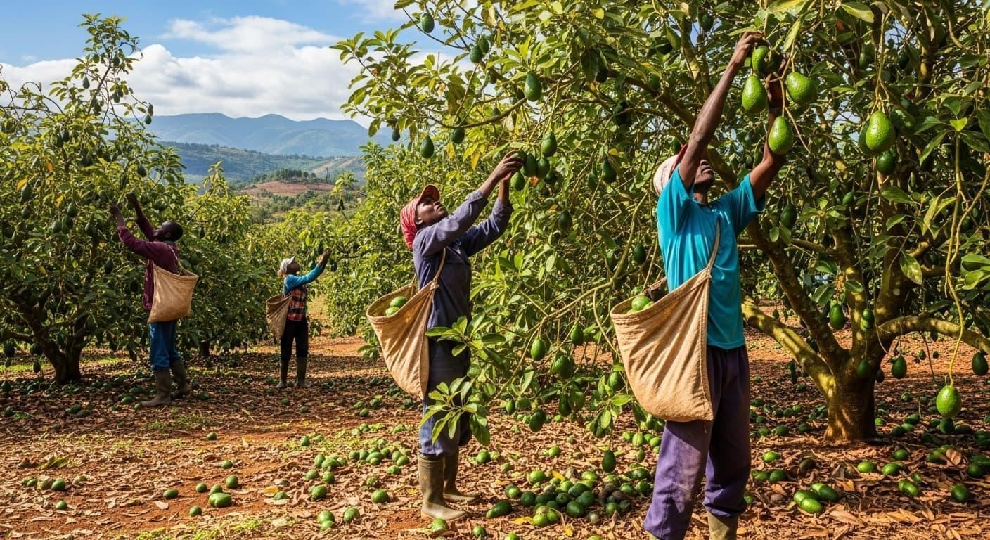 Avogrow farmers harvesting avocados into hessian bags in an orchard with hills in the background